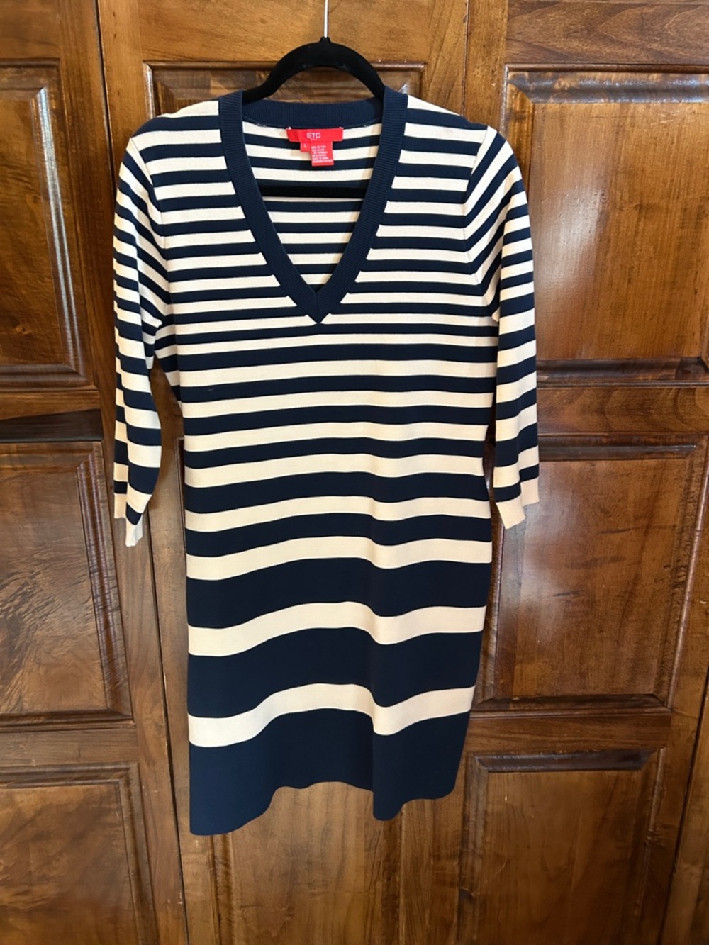 Etcetera Navy and white Striped knit V-Neck Midi Dress